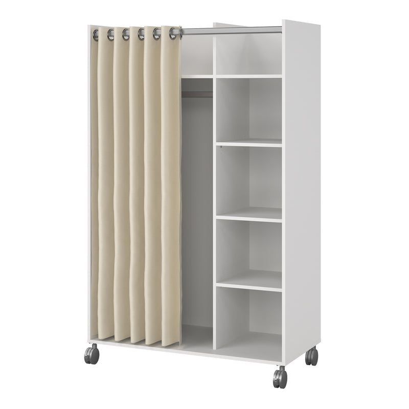Uppsala Open Mobile Wardrobe Unit in White with a Beige Textile Curtain on Wheels — detail view