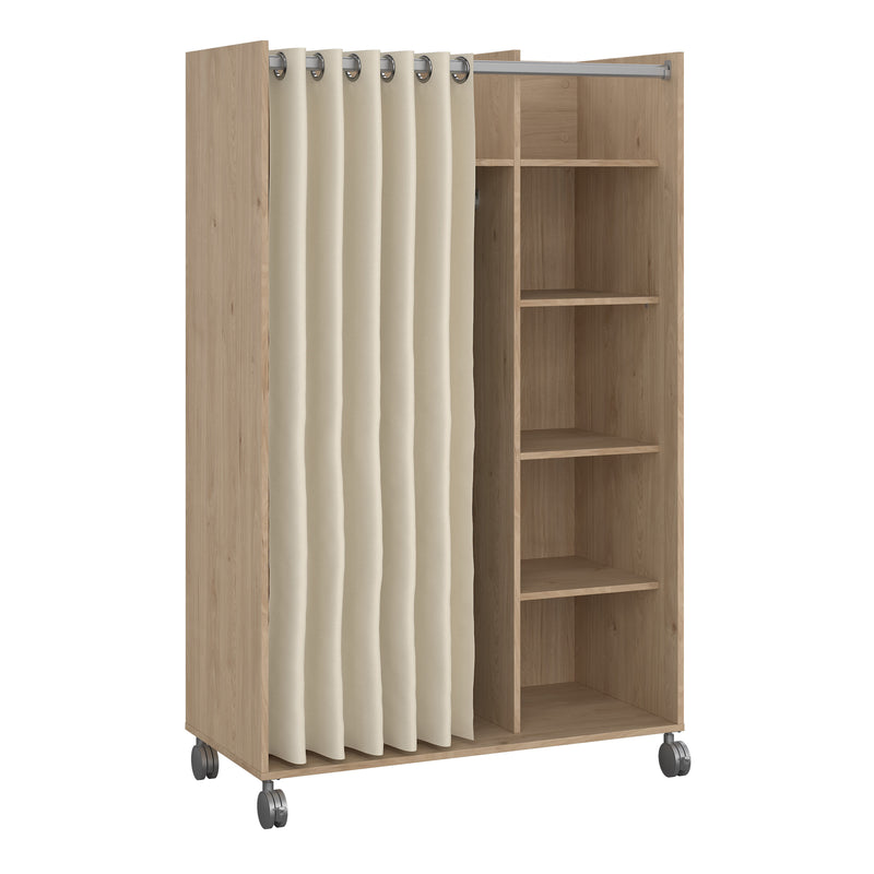 Uppsala Open Mobile Wardrobe Unit in Jackson Hickory Oak with a Beige Textile Curtain on Wheels — front view