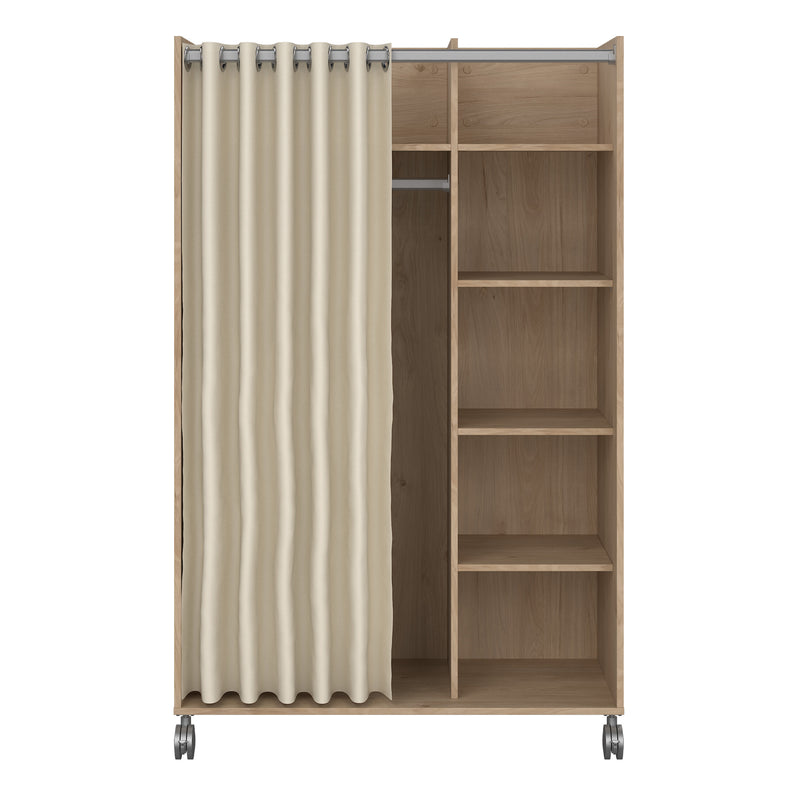 Uppsala Open Mobile Wardrobe Unit in Jackson Hickory Oak with a Beige Textile Curtain on Wheels — side angle