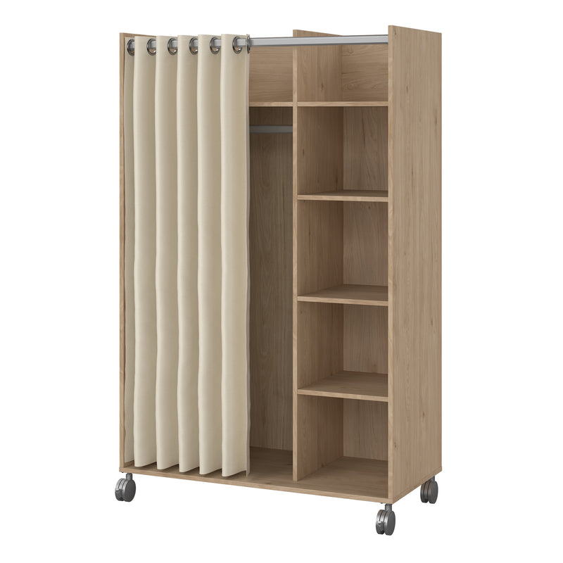 Uppsala Open Mobile Wardrobe Unit in Jackson Hickory Oak with a Beige Textile Curtain on Wheels — detail view