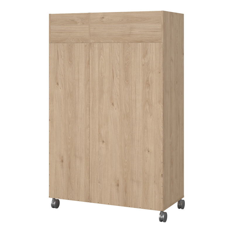 Uppsala Open Mobile Wardrobe Unit in Jackson Hickory Oak with a Beige Textile Curtain on Wheels — alternative angle