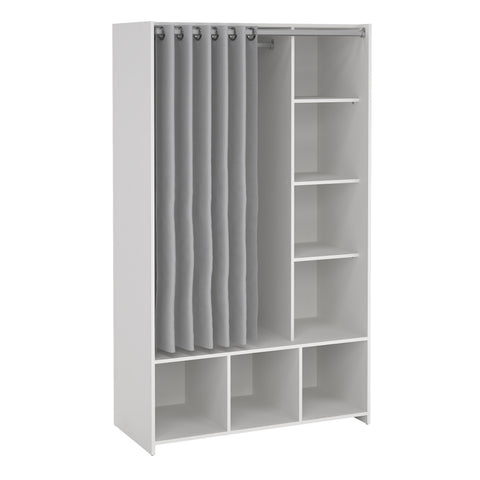 Uppsala Open Wardrobe Unit in White with a Grey Textile Curtain — front view