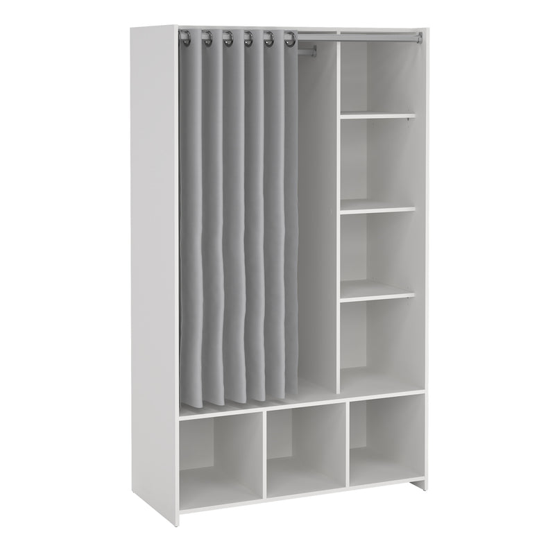 Uppsala Open Wardrobe Unit in White with a Grey Textile Curtain — front view