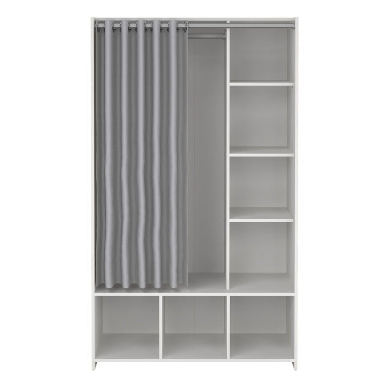 Uppsala Open Wardrobe Unit in White with a Grey Textile Curtain — side angle