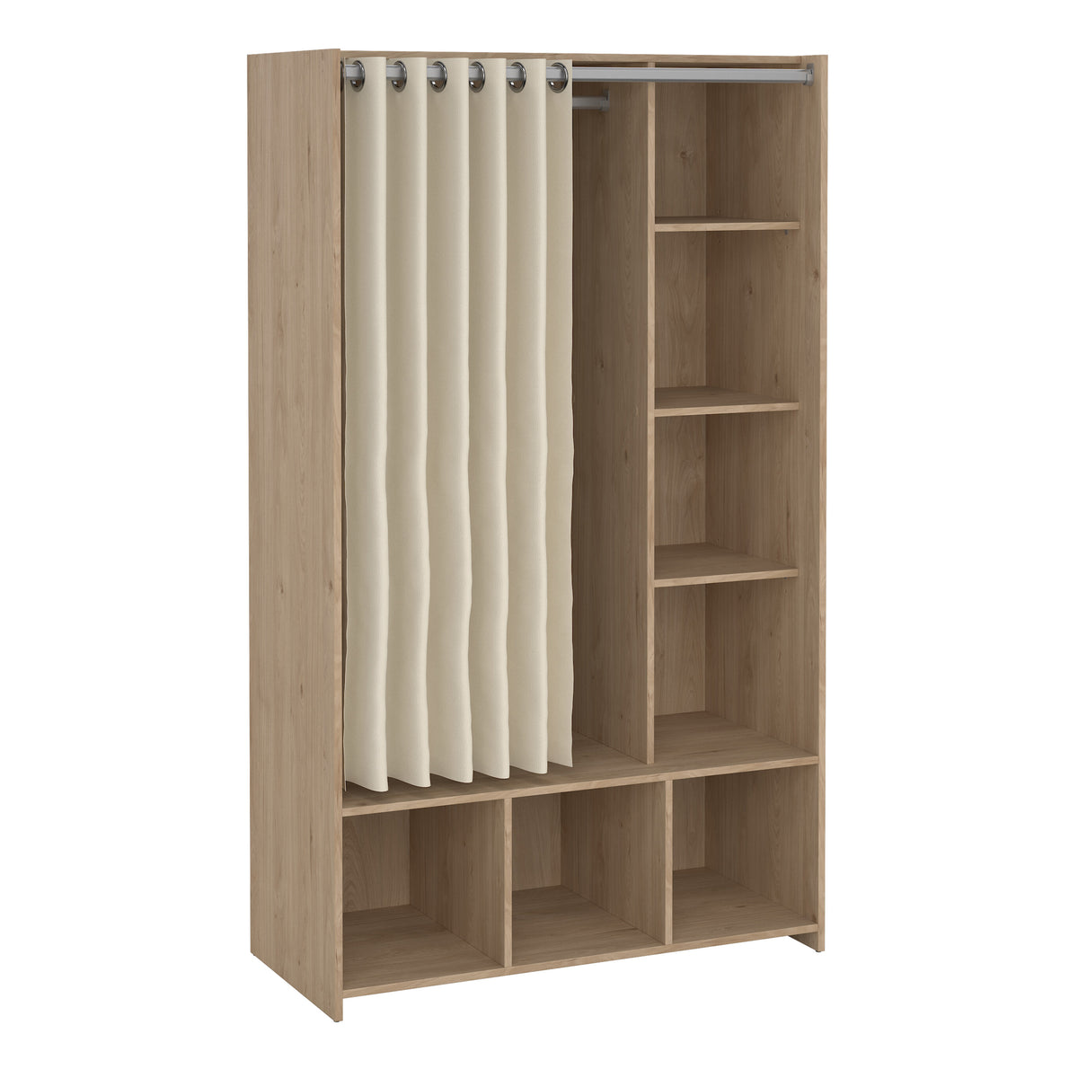 Uppsala Open Wardrobe Unit in Jackson Hickory Oak with a Beige Textile Curtain — front view