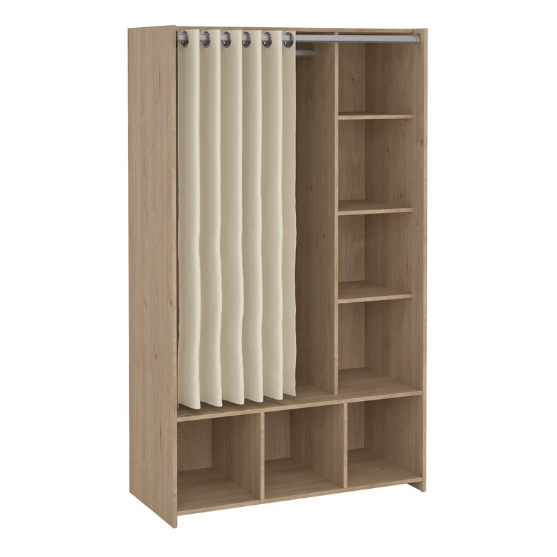 Uppsala Open Wardrobe Unit in Jackson Hickory Oak with a Beige Textile Curtain — front view