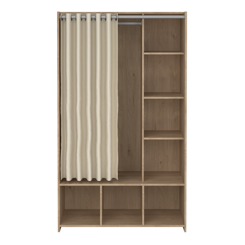 Uppsala Open Wardrobe Unit in Jackson Hickory Oak with a Beige Textile Curtain — side angle
