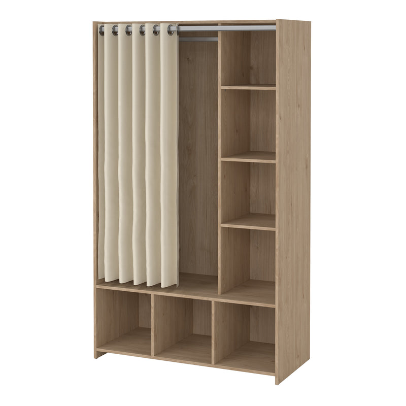 Uppsala Open Wardrobe Unit in Jackson Hickory Oak with a Beige Textile Curtain — detail view