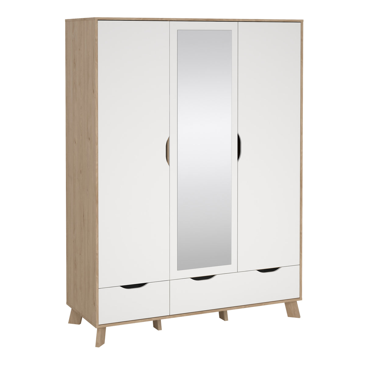 Ikast Wardrobe 3 Doors and 2 Drawers with Mirror in Jackson Hickory and White — front view