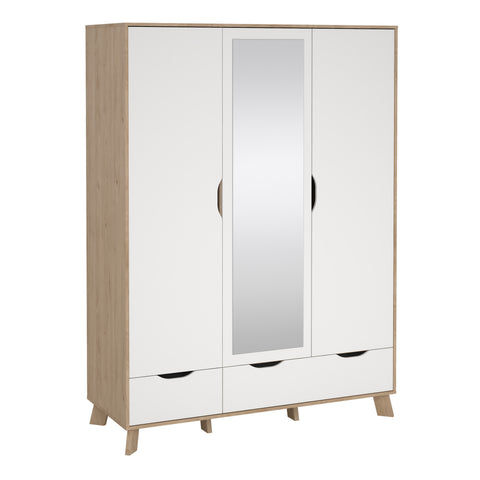 Ikast Wardrobe 3 Doors and 2 Drawers with Mirror in Jackson Hickory and White — front view