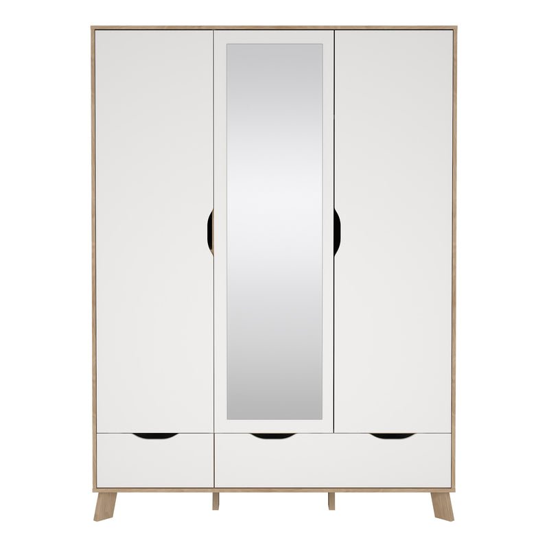 Ikast Wardrobe 3 Doors and 2 Drawers with Mirror in Jackson Hickory and White — side angle