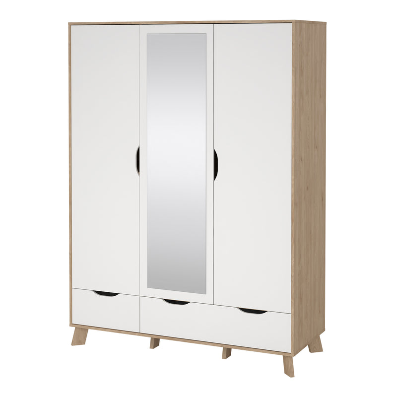 Ikast Wardrobe 3 Doors and 2 Drawers with Mirror in Jackson Hickory and White — detail view