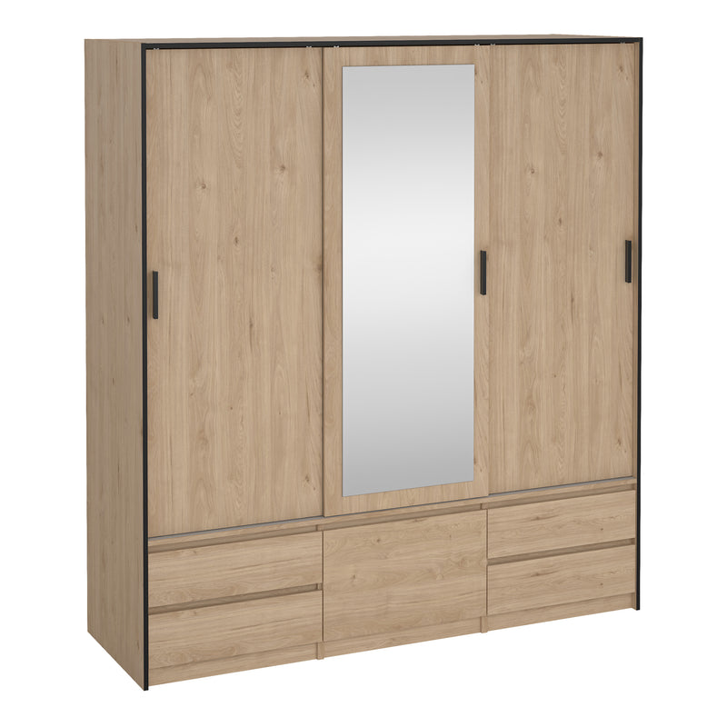 Line Wardrobe with 2 Sliding Doors 1 Sliding Door with Mirror in Jackson Hickory Oak — front view