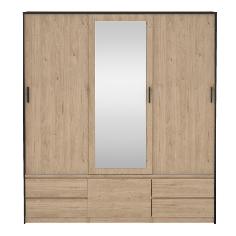 Line Wardrobe with 2 Sliding Doors 1 Sliding Door with Mirror in Jackson Hickory Oak — side angle