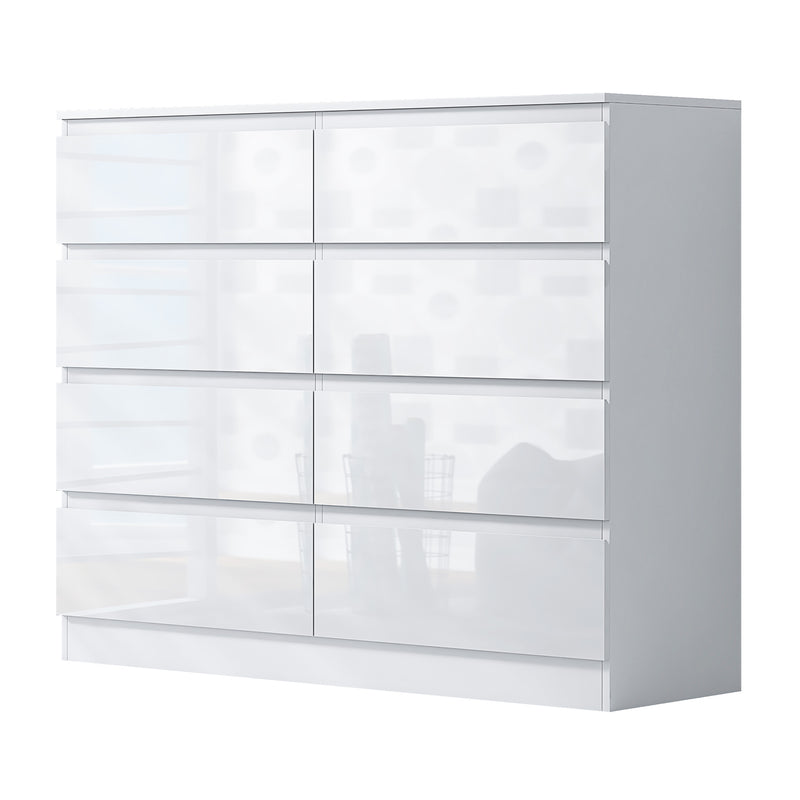 FWStyle Stora 8 Drawer Wide 4+4 Chest Of Drawers - White Gloss Front