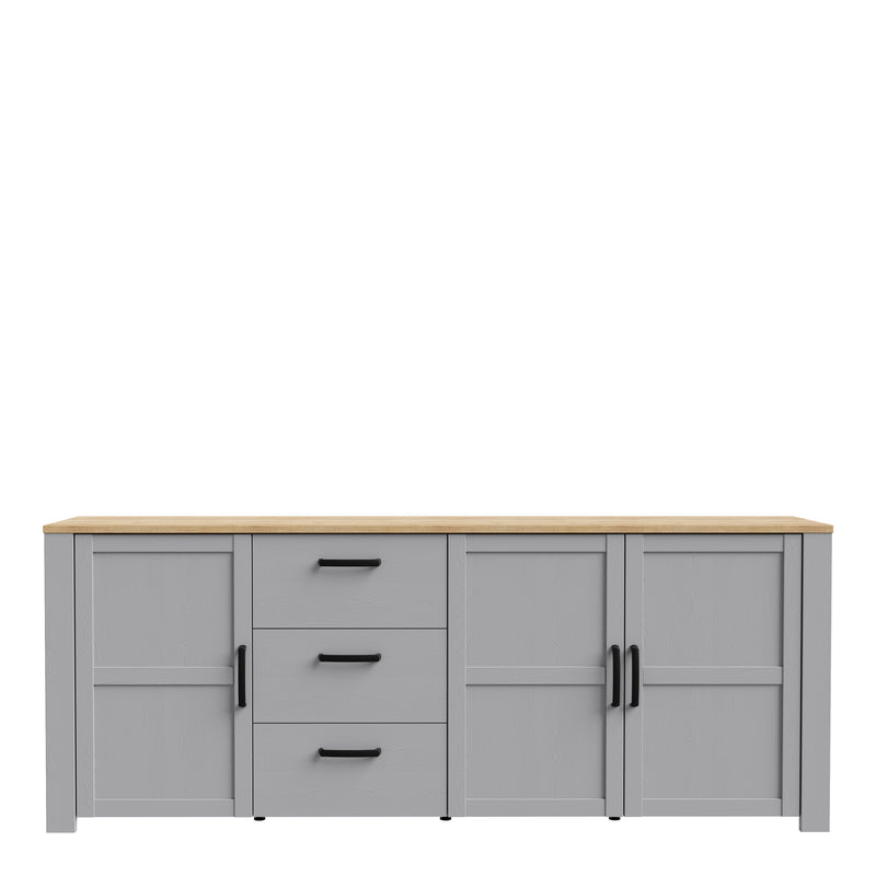 Bohol 3 Door 3 Drawer Large Sideboard in Riviera Oak/Grey Oak — side angle