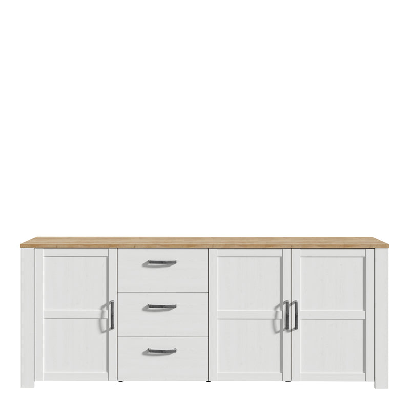 Bohol 3 Door 3 Drawer Large Sideboard in Riviera Oak/White — side angle