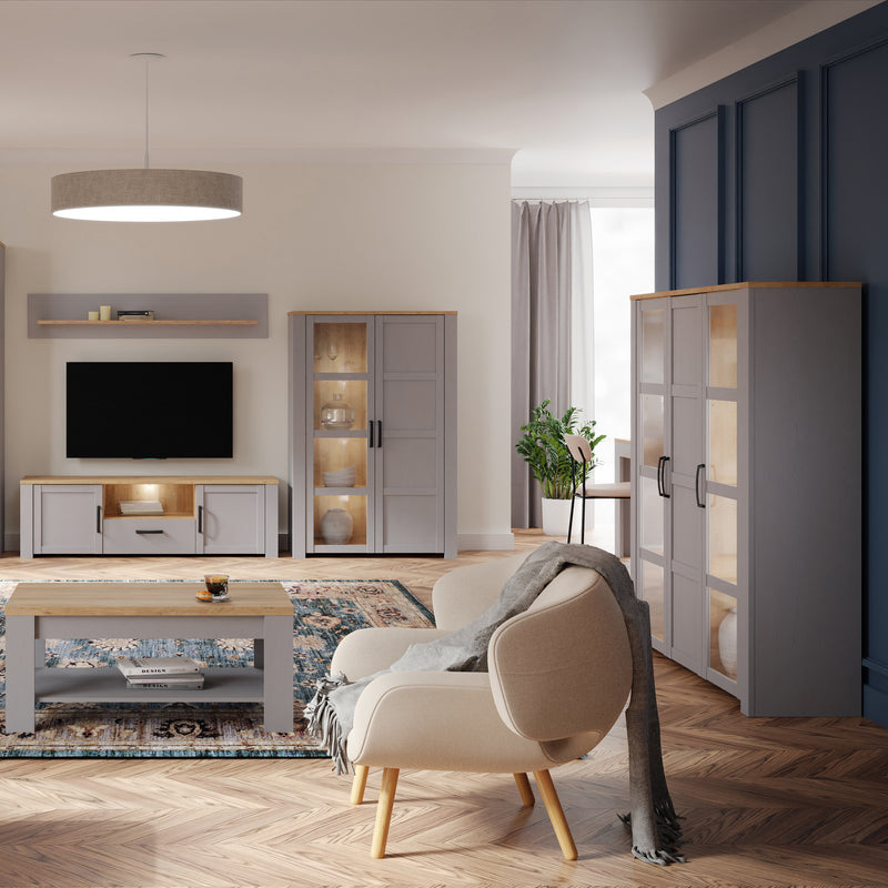 Bohol 3 Door Large Display Cabinet in Riviera Oak/Grey Oak — alternative angle