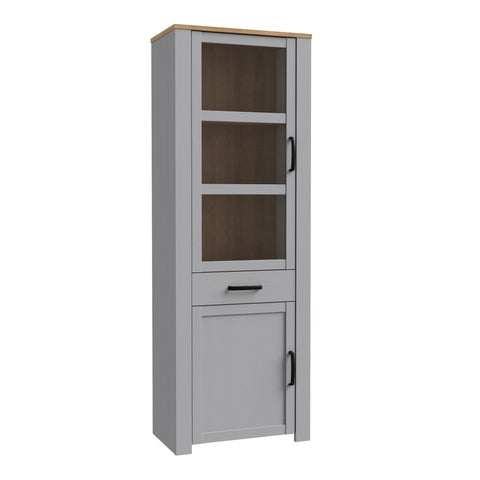 Bohol 2 Door 1 Drawer Narrow Display Cabinet in Riviera Oak/Grey Oak — front view