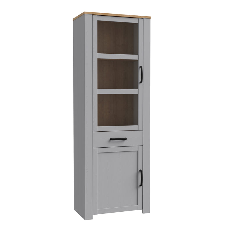 Bohol 2 Door 1 Drawer Narrow Display Cabinet in Riviera Oak/Grey Oak — front view