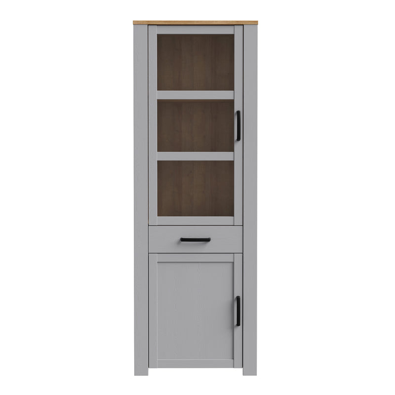 Bohol 2 Door 1 Drawer Narrow Display Cabinet in Riviera Oak/Grey Oak — side angle