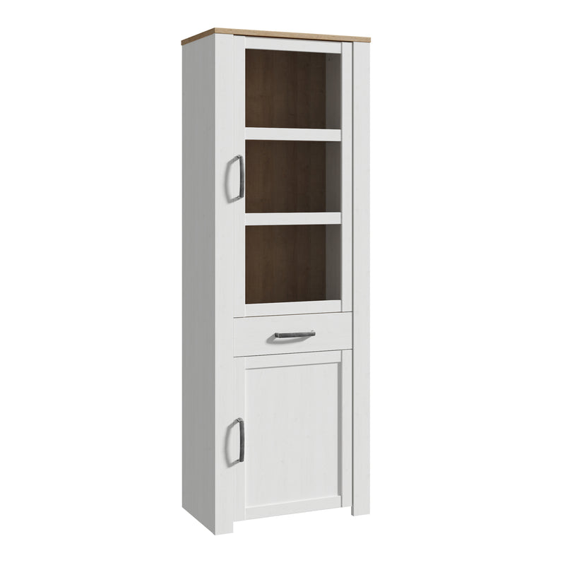 Bohol 2 Door 1 Drawer Narrow Display Cabinet in Riviera Oak/White — front view