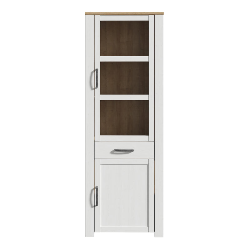Bohol 2 Door 1 Drawer Narrow Display Cabinet in Riviera Oak/White — side angle