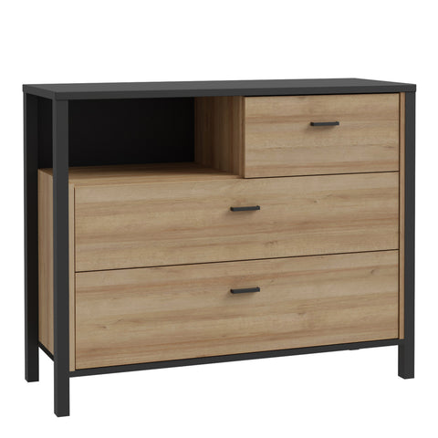 High Rock Chest of 3 Drawers in Matt Black/Riviera Oak — front view