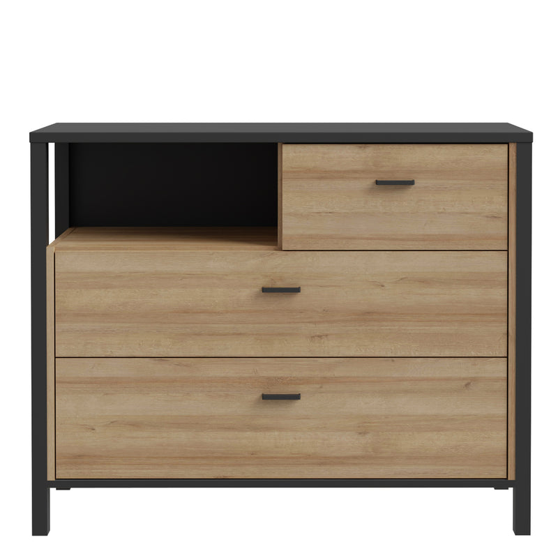 High Rock Chest of 3 Drawers in Matt Black/Riviera Oak — side angle