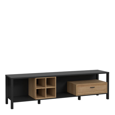 High Rock Wide TV Unit in Matt Black/Riviera Oak — front view