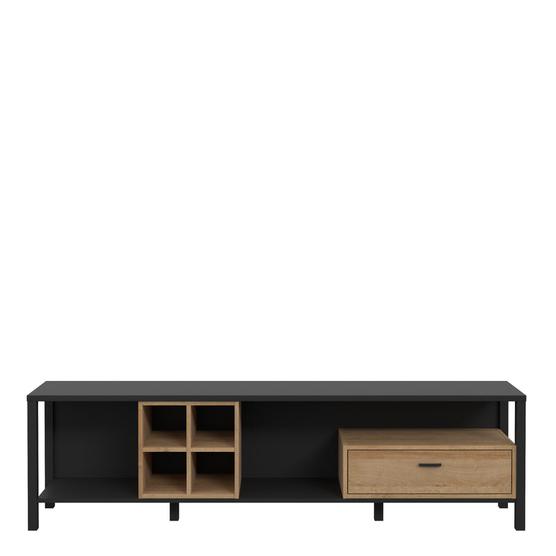 High Rock Wide TV Unit in Matt Black/Riviera Oak — side angle