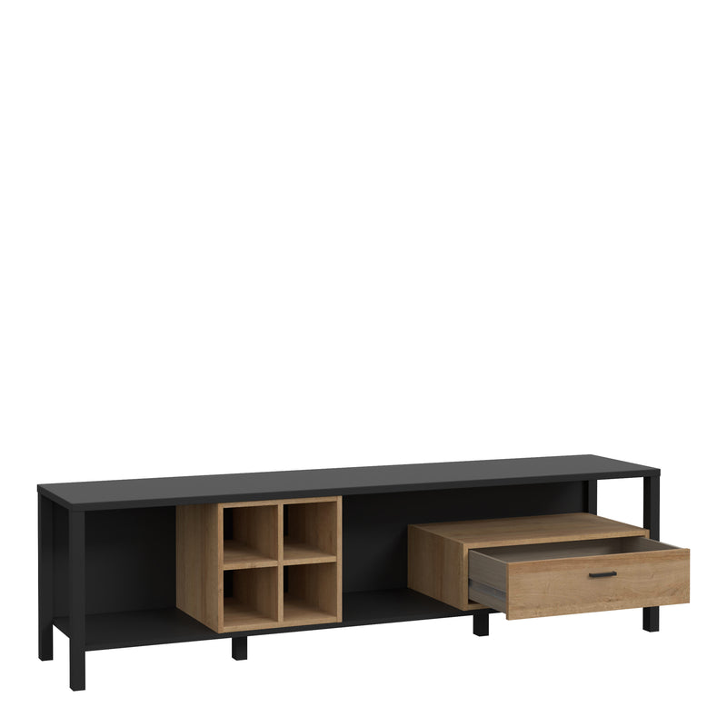 High Rock Wide TV Unit in Matt Black/Riviera Oak — detail view
