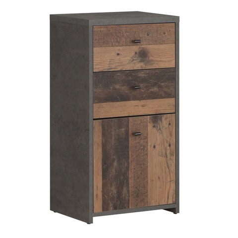 Best Chest Storage Cabinet 2 Drawers 1 Door in Concrete Optic Dark Grey/Old — front view