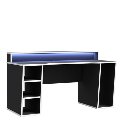 Tezaur Black Gaming Desk with White Trim and Colour Changing LED — front view