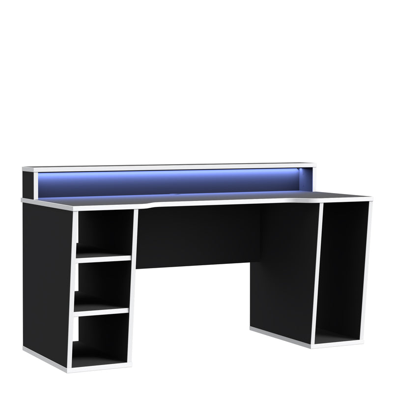 Tezaur Black Gaming Desk with White Trim and Colour Changing LED — front view