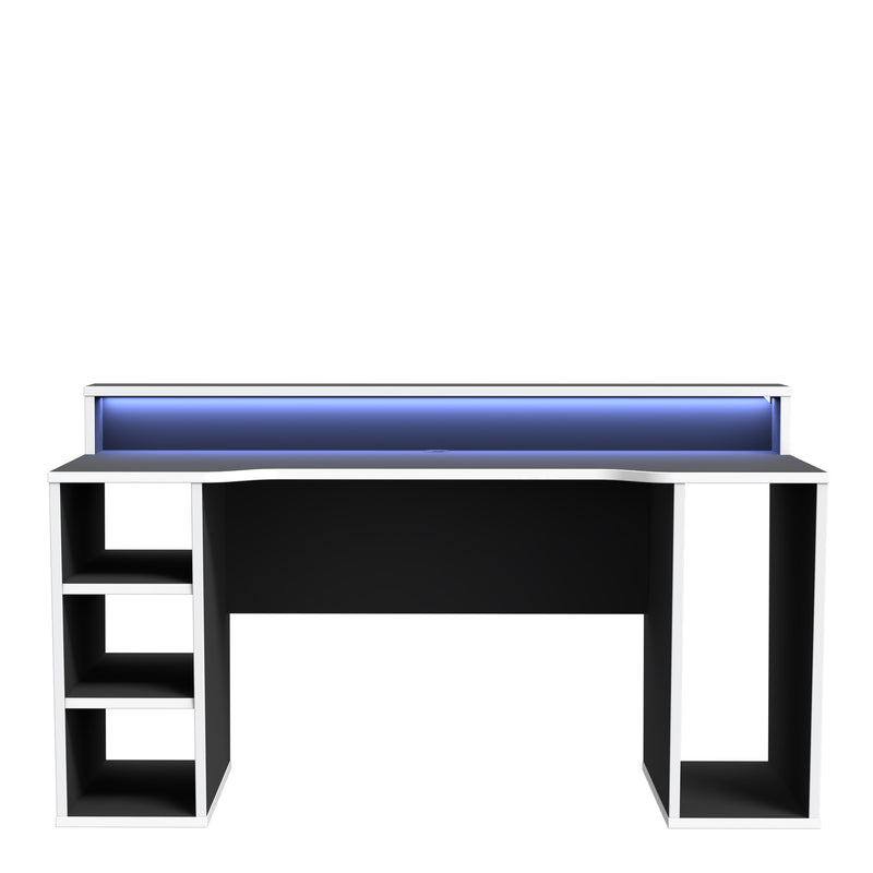 Tezaur Black Gaming Desk with White Trim and Colour Changing LED — side angle
