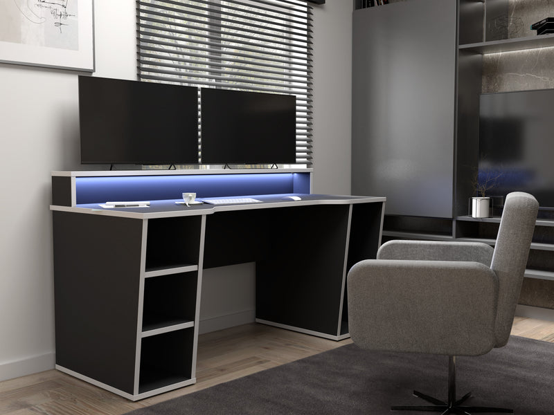 Tezaur Black Gaming Desk with White Trim and Colour Changing LED — detail view
