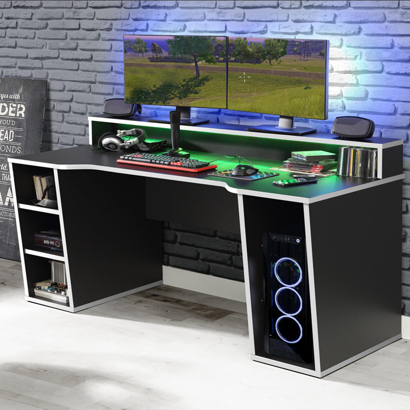 Tezaur Black Gaming Desk with White Trim and Colour Changing LED — alternative angle