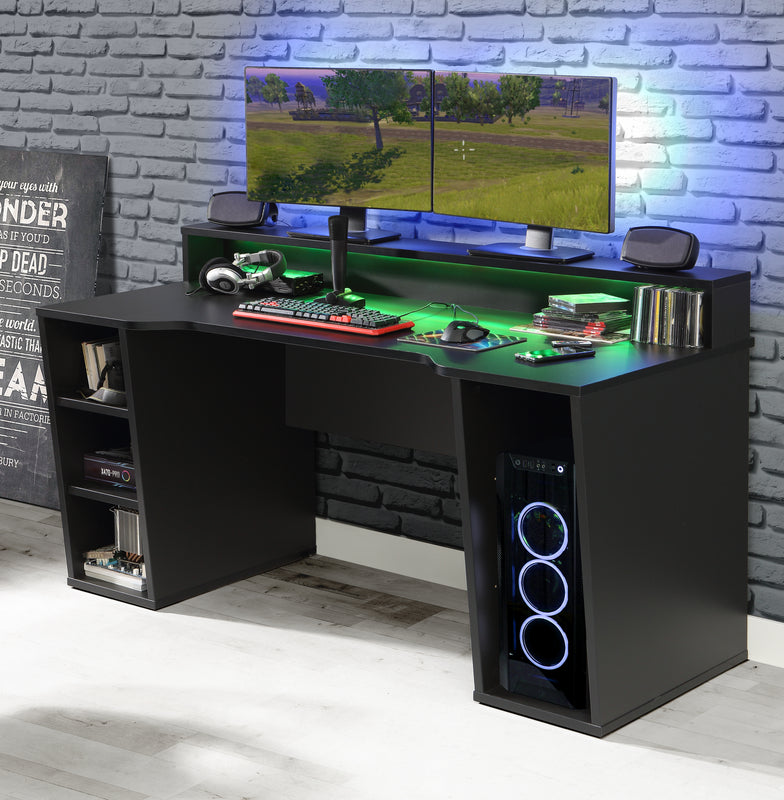 Tezaur Black Gaming Desk 2 Shelves with Colour Changing LED — detail view