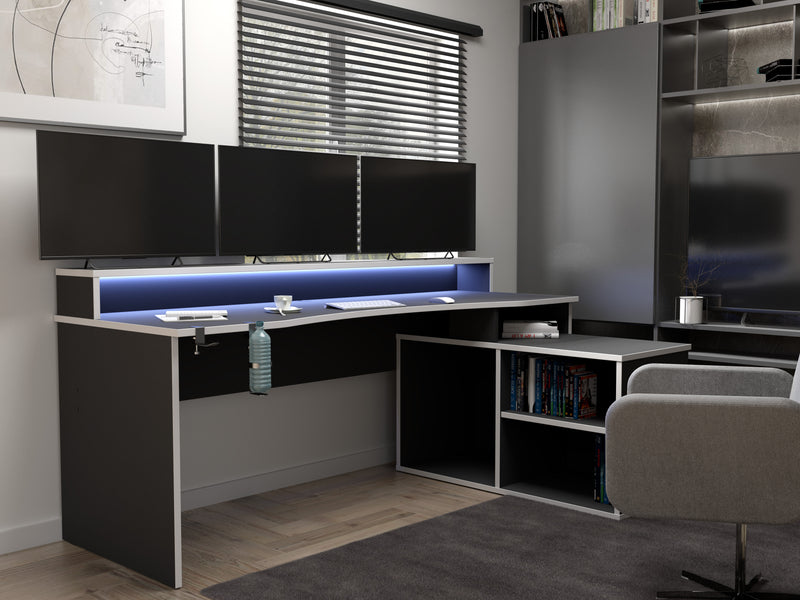 Tezaur Black Storage Gaming Desk 3 Shelves with Colour Changing LED — detail view