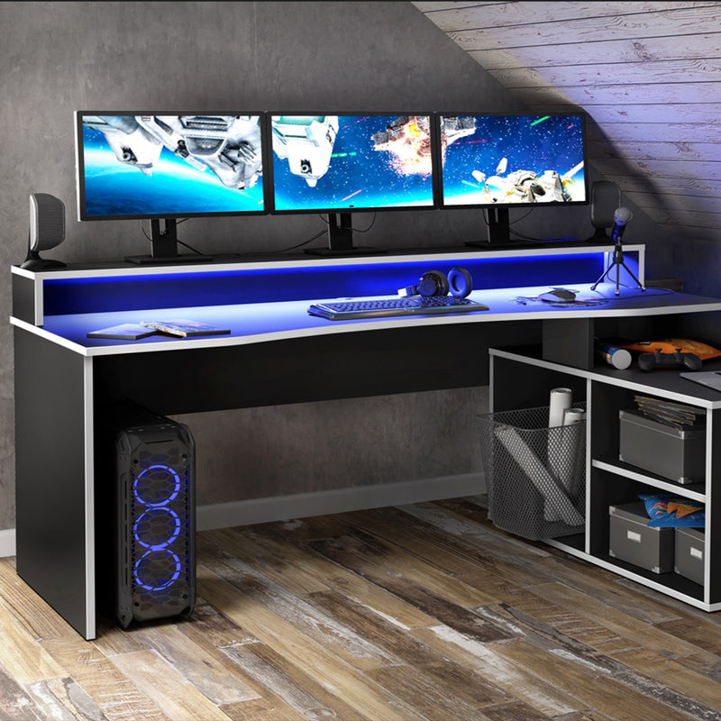 Tezaur Black Storage Gaming Desk 3 Shelves with Colour Changing LED — alternative angle