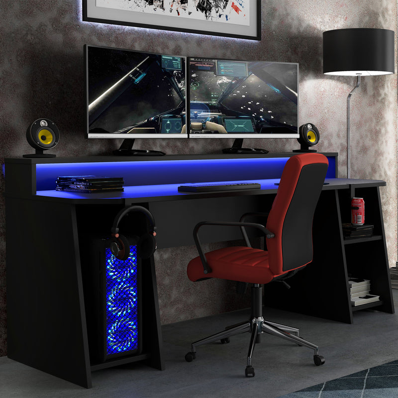 Tezaur Wide Black Gaming Desk with Colour Changing LED — detail view