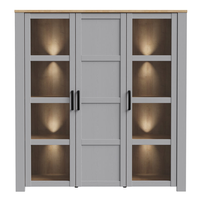 Bohol Large Display Cabinet inc. 4x LED Lights in Riviera Oak/Grey Oak — side angle