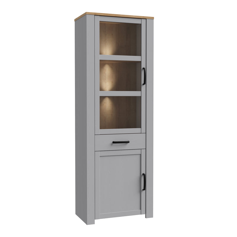 Bohol Narrow Display Cabinet inc. 2x LED Lights in Riviera Oak/Grey Oak — front view