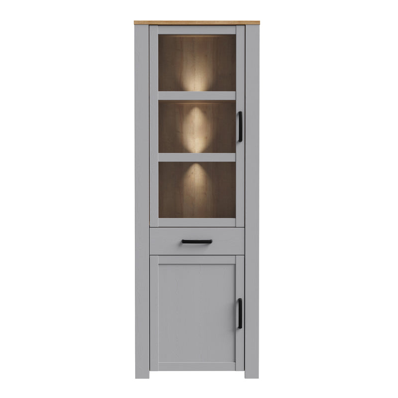 Bohol Narrow Display Cabinet inc. 2x LED Lights in Riviera Oak/Grey Oak — side angle