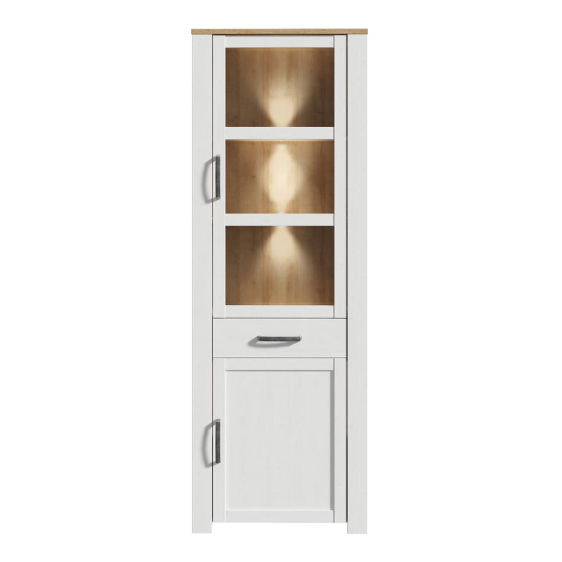 Bohol Narrow Display Cabinet inc. 2x LED Lights in Riviera Oak/White — side angle