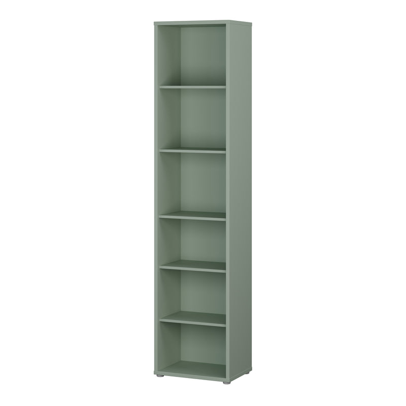 Alice Springs Tall Narrow Bookcase with 5 Shelves in Sage Green — detail view