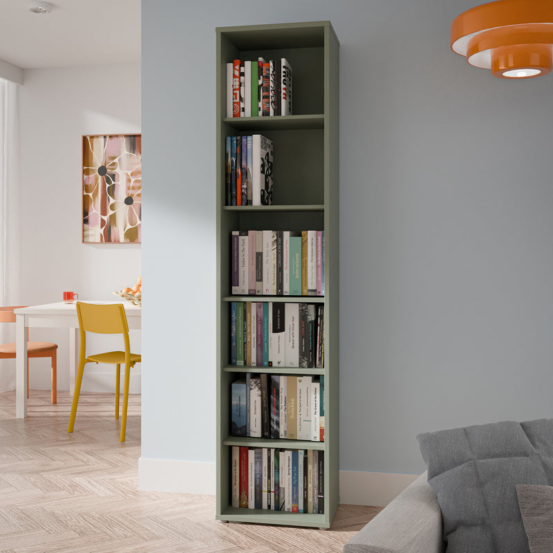 Alice Springs Tall Narrow Bookcase with 5 Shelves in Sage Green — view 4l
