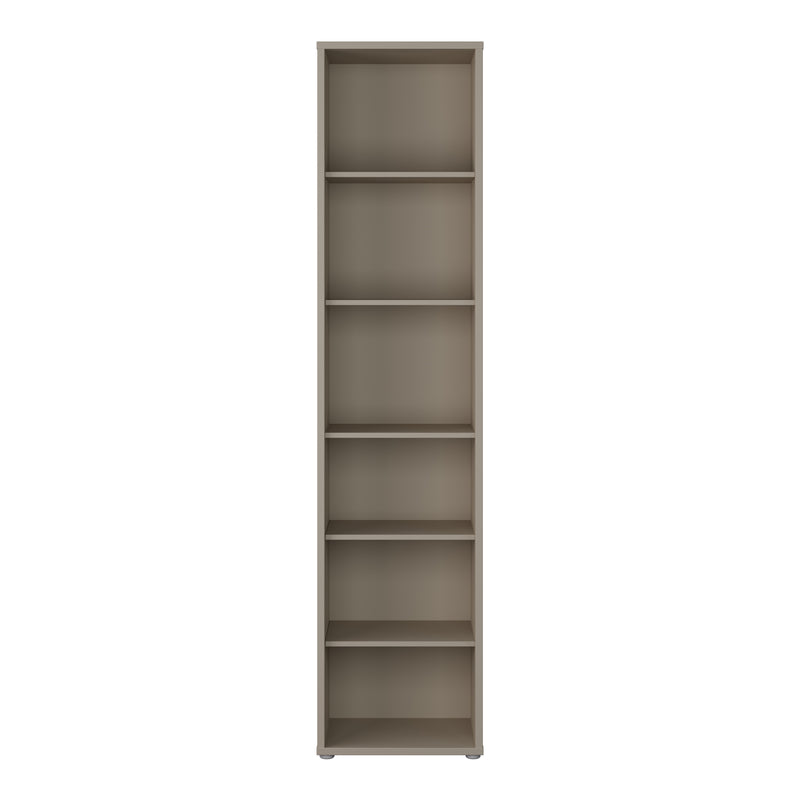Alice Springs Tall Narrow Bookcase with 5 Shelves in Taupe — side angle