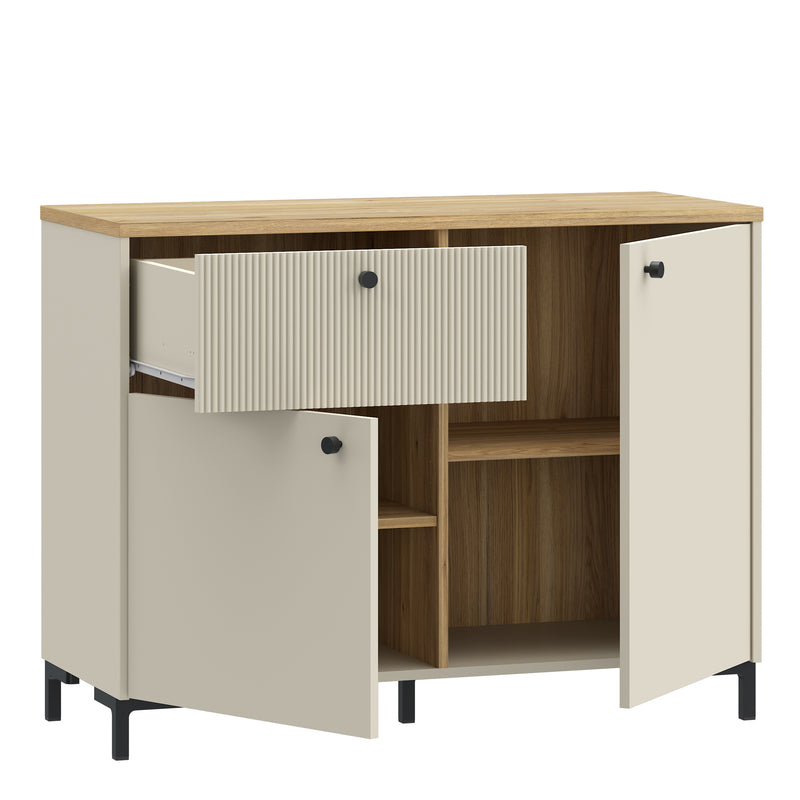 Bixbite Sideboard with Fluted Detail, Drawer & Cupboard in Mauvella Oak and Sand — alternative angle